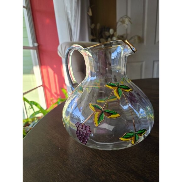 Hand-Painted Glass Pitcher With Grapes & Leaves Design from Romania - Picture 11 of 15